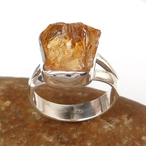 Raw Yellow Citrine Ring, Natural Citrine Ring, 925 Sterling Silver, Raw, Rough Citrine Ring, Thanks Giving Gift, Splitt Band Ring, Statement