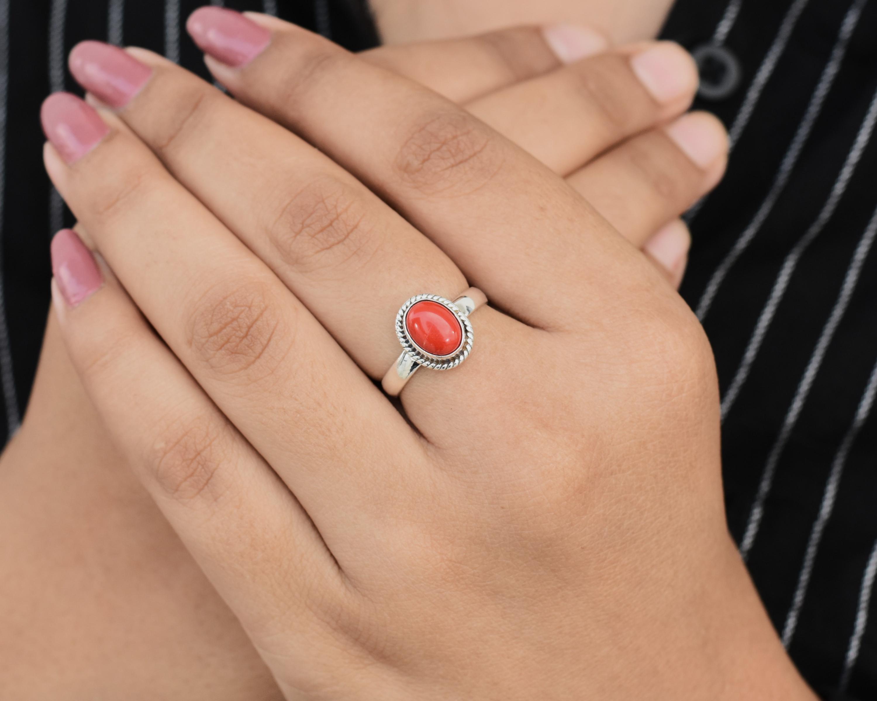 Red Coral Ring, Coral Stone Ring, 925 Sterling Silver Ring, Coral