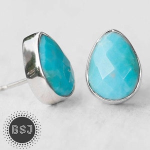 Handmade Turquoise Stud Earrings, Marquise Studs, Faceted Gemstone, 925 Sterling Silver, Simple Gemstone Jewelry, Bridal Jewelry, Sale