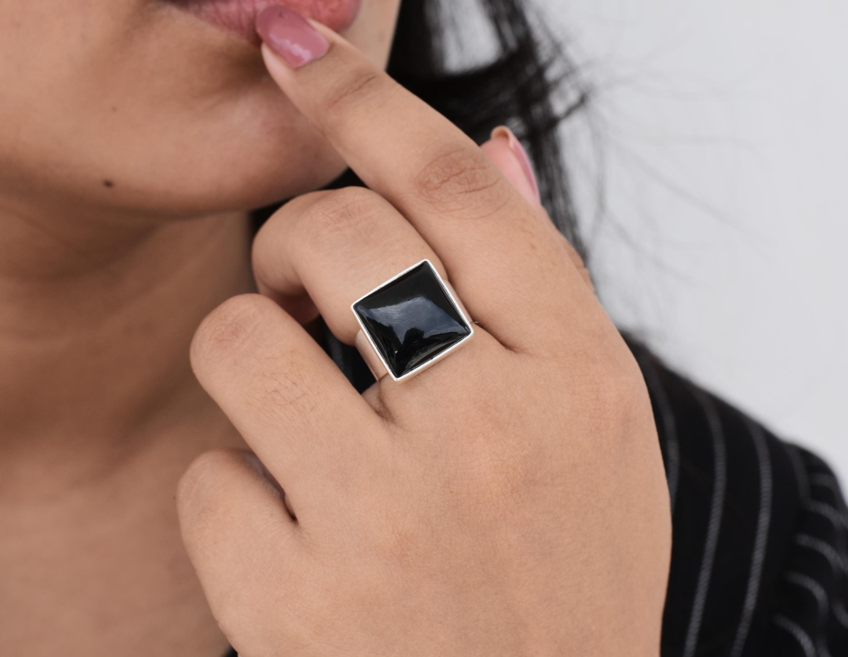 55Carat Natural Black Onyx Ring - Sterling Silver Square Shape, Chakra Healing, Sizes 4-12