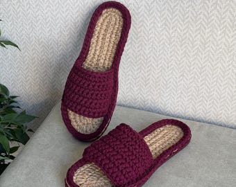 Handmade Cotton & Jute Slippers – Eggplant – Size 38 EU / 7 US
