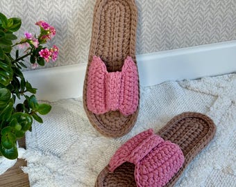 Pantuflas de algodón hechas a mano con lazo, cómodas para interiores y exteriores, con suela de goma.