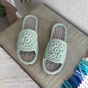Handmade Cotton Slippers: Mint & Silver Flower Square, Cozy Home Shoes