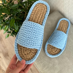 Blue Jute & Cotton Slippers, Handmade Elastic Knit Upper, Comfortable Durable Rubber Sole, Eco-friendly Footwear