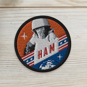 May include: Embroidered patch featuring an astronaut with the word "HAM" in red letters. The patch has a black border, an orange background, and a blue and white striped design. Two small potted succulents are also visible.