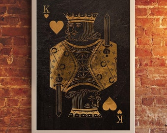 King of Hearts poker poster — Gamer room gift for him, lucky you print. Golden playing cards print, aesthetic wall art