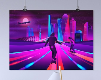 Neon City anni '80: skater [cyberpunk/synthwave/vaporwave] — Poster estetico, stampa artistica Retrowave, decorazione murale neon per la stanza del gamer