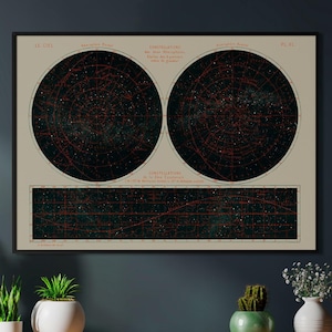 May include: A wooden console table with two drawers and open shelves, a woven cane chair, and three potted plants. A framed black and white star chart hangs on the wall behind the table.