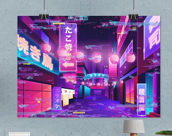 Retrowave Neon City: Tokio glitch [años 80/vaporwave/cyberpunk] — Póster estético, estampado neón, regalo friki para él, decoración para habitación gamer