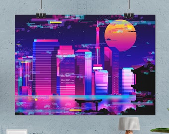 Synthwave Neon City: Tokyo glitch [vaporwave/cyberpunk/años 80] — póster estético, lámina retrowave de regalo, lámina neón para la habitación de los gamers