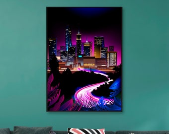 Neon city: luci veloci (synthwave/vaporwave/retrowave/cyberpunk) — poster estetico, stampa al neon, poster synthwave