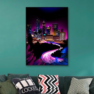 Neon city: luci veloci (synthwave/vaporwave/retrowave/cyberpunk) — poster estetico, stampa al neon, poster synthwave