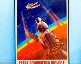 Soviet retro space poster: Glory to the conquerors of space!, USSR 1970s — Soviet space art, propaganda poster with vintage print