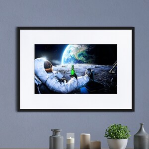 Astronaut on the Moon With Beer — Matte Paper Framed Poster With Mat ...