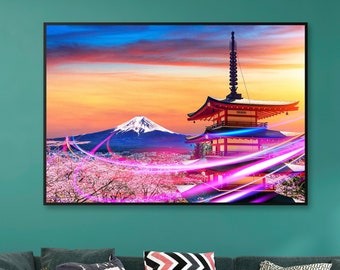 Neon city: Japan, Fuji mountain. Cherry blossoms, pagoda, sunset (vaporwave/retrowave/cyberpunk/1980s) — Aesthetic poster, neon art print