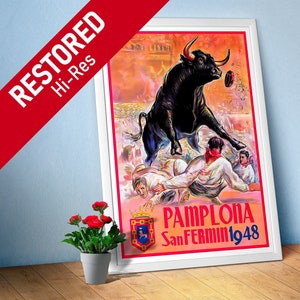 Poster della Spagna, Pamplona, San-Fermin/Sanfermines, 1948 - poster di viaggio retrò corrida, poster di viaggio vintage, stampa toreador, decorazione murale torero