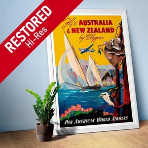 Australia & New Zealand by Clipper, 1950s (Pan American poster) — vintage travel poster, retro travel art, propaganda poster