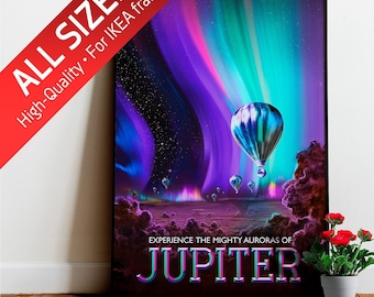 Auroras de Júpiter: póster espacial vintage, póster de viajes espaciales, póster espacial, arte espacial, póster de neón, vaporwave, synthwave