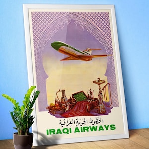 Iraqi Airways. Baghdad Iraq. Middle East 1966 — Retro vintage travel poster. Retro travel art print, vintage travel wall decor