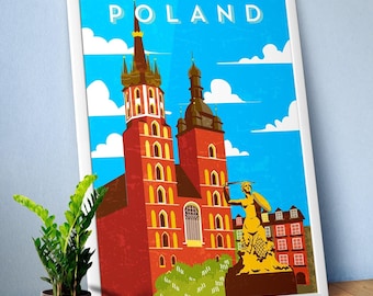 Poland, Krakow vector art — Retro travel poster, Minimalist travel art print, Travel wall decor 1980s