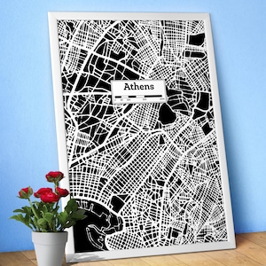 Athen (Griechenland), handgezeichnete Stadt Karte Poster - schwarz weiße moderne urban Kunst, Druck für Reiseliebhaber & minimalistische Wanddekoration,schwarzes Stadt Poster