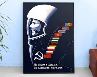 Soviet first man in space, USSR 1960s — Soviet retro space poster with Gagarin, propaganda poster, Soviet vintage art print, Nerdy gifts