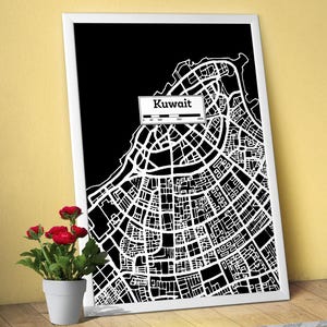Koweït, affiche de carte de ville dessinée à la main — art urbain moderne noir et blanc, impression pour les amateurs de voyage et décoration murale minimaliste, affiche de ville noire