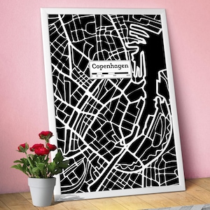 Copenhague, carte de la ville dessinée à la main, art urbain moderne noir et blanc, impression pour les amateurs de voyage et décoration murale minimaliste, affiche de ville noire
