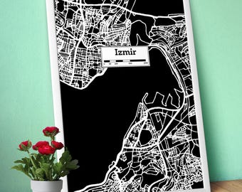 Izmir (Turkey), Hand Drawn City Map Poster —Black White Modern Urban Art,Print for Travel Lovers and Minimalist Wall Decor,Black city poster