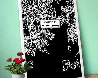 Helsinki (Finland), Hand Drawn city map poster — Black White Modern Urban Art, Print for Travel Lovers and Minimalist Wall Decor, Black map