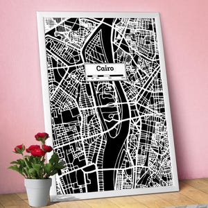 Le Caire (Égypte), poster plan de la ville dessiné à la main — Art urbain moderne noir et blanc, impression pour les amateurs de voyage et décoration murale minimaliste, poster de la ville noire