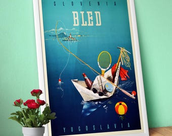Bled, Slovenia, Yugoslavia 1950s – Retro travel poster, Vintage 1950s beach wall decor, Socialist Yugoslavia Collection, travel gifts