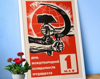 Póster soviético del Día Internacional de los Trabajadores: Impresión propagandística del 1 de mayo, Arte realista socialista vintage, Decoración mural sobre la historia de la URSS, Movimiento obrero