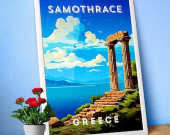 Greece, Samothrace — Retro minimalist poster, 1950s retro travel art, 1960s vector art