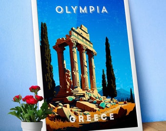 Olympia, Greece — Retro 1960s minimalist poster, Retro travel art print, Wanderlust gift for him