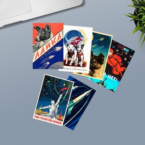 Laika, erster Weltraumhund, russischer Raum — Set aus Weltraum-Postkarten (6 verschiedene Elemente). Russisches Vintage Weltraum Plakat, Probeplakat