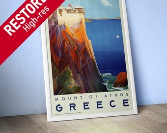 Grecia, Athos, 1949: cartel de viaje retro vintage, arte de viaje retro, arte de pared de viaje retro