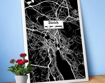 Zurich Map Poster – Switzerland City Map Print ∎ Black White Street Map Art, Minimalist Urban Wall Decor, Swiss Travel Gift