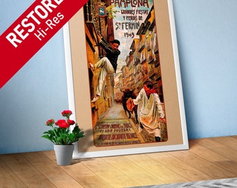Spain, Pamplona, San-Fermin / Sanfermines, 1909 [RESTORED] — retro corrida travel poster, vintage travel poster