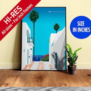 Santorini, Greece — City Pop art, retrowave/vaporwave poster, 80s, aesthetic poster, Hiroshi Nagai inspired art, minimalist poster [inches]