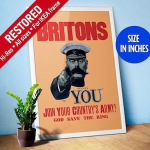 Pode incluir: Um cartaz de recrutamento da Primeira Guerra Mundial vintage que mostra um soldado britânico em uniforme apontando para o espectador com o texto "Britons" em letras vermelhas e "Wants You" em letras pretas. O cartaz também inclui o texto "Join Your Country's Army! God Save The King."