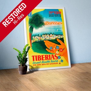 Tiberias Resort Sea of Galilee. Israel 1950s [RESTORED] — retro travel poster, travel art, vintage wall decor, vintage travel art