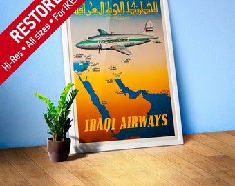 Iraqi Airways, Baghdad Iraq, Middle East 1950s [RARE poster] — Retro vintage travel poster, vintage travel print, retro travel wall art
