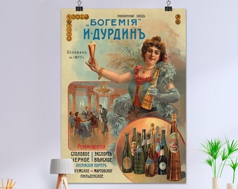 Beer Bohemia, Moscow, Russia 1900s — Russian vintage beer poster, pre-Soviet art print, retro beer wall decor, propaganda poster