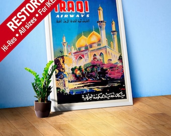 Iraqi Airways, Iraqi State Railways. Baghdad, Iraq, Middle East 1950s — retro vintage travel poster, retro travel art, retro travel wall art