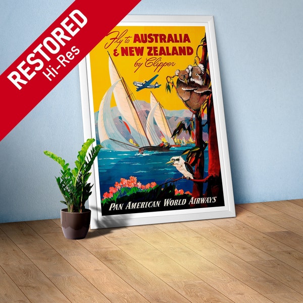 Australie et Nouvelle-Zélande par Clipper, années 50 (affiche panaméricaine) — affiche de voyage vintage, art de voyage rétro, affiche de propagande