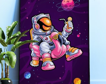 Funny Astronaut Poster: Relaxing astronaut — 1980s space art print, Surreal moon art, Retro neon aesthetic, Gamers room decor