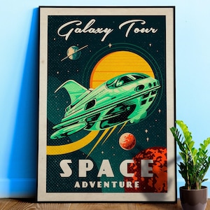 Galaxy Tour. Space adventure — Vintage space poster, retro space art, propaganda poster, retrofuturism, retro sci-fi