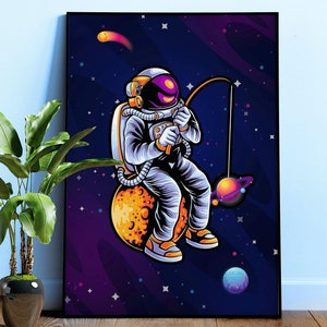 Póster de astronauta divertido: Pescando estrellas: impresión espacial retro, arte lunar surrealista, decoración de pared galáctica, regalo de astronauta, estética neón de los 80.