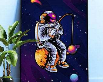 Funny Astronaut Poster: Fishing a stars — 1980s space print. Surreal moon art, Galaxy wall decor, Astronaut gift, retro neon aesthetic